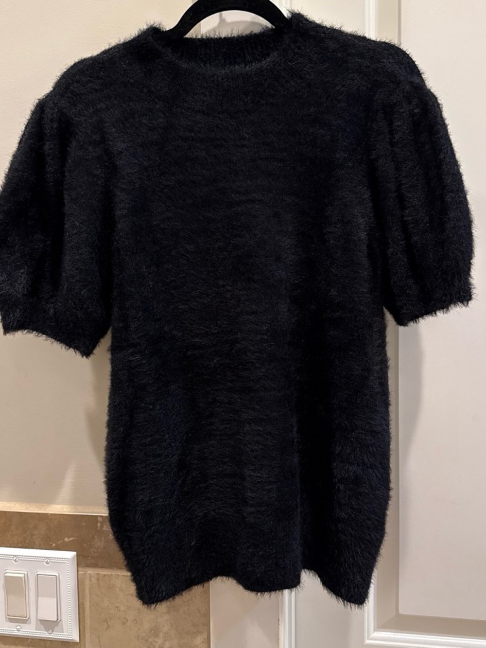 CeCe Black Fuzzy Short-Sleeve Crewneck Sweater